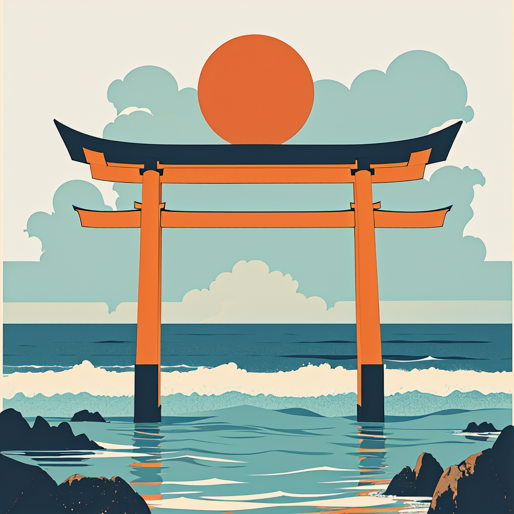 00006-3562529728-_lora_Modern_Ukiyo-e_illustration_1_ Modern Ukiyo-e illustration, The image shows a Japanese torii gate in the ocean surrounded.png